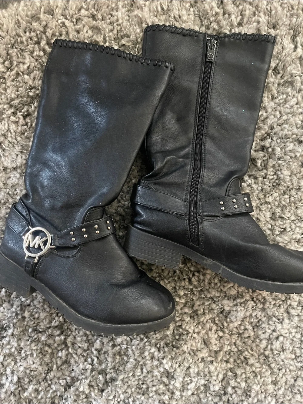 Michael Kors Black Faux Leather Mid-Calf Studded Harness Boots with MK Logo